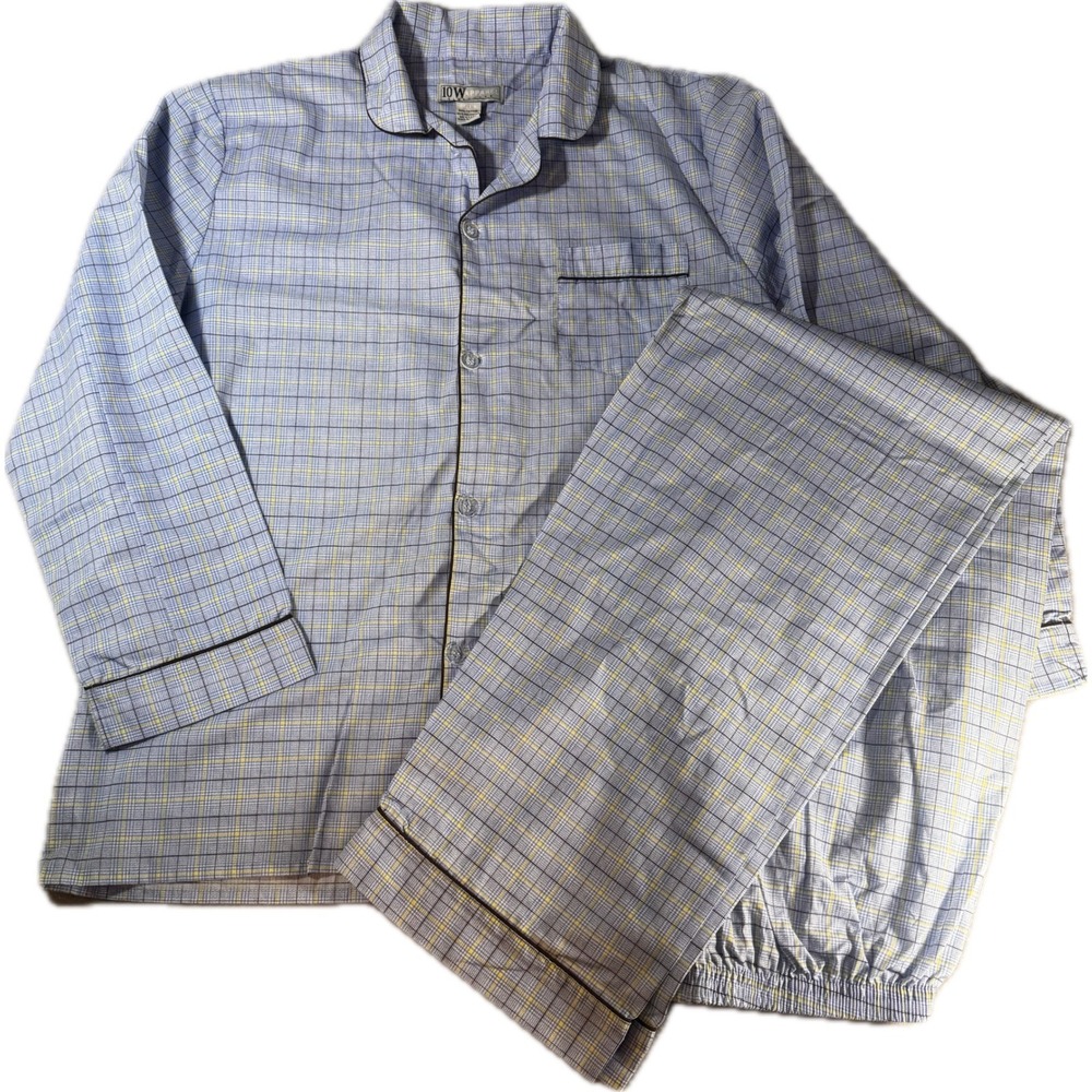 10W Apparel Mens Pajama Set Large Blue Yellow Plaid Cotton Blend Sleepwear 2pc